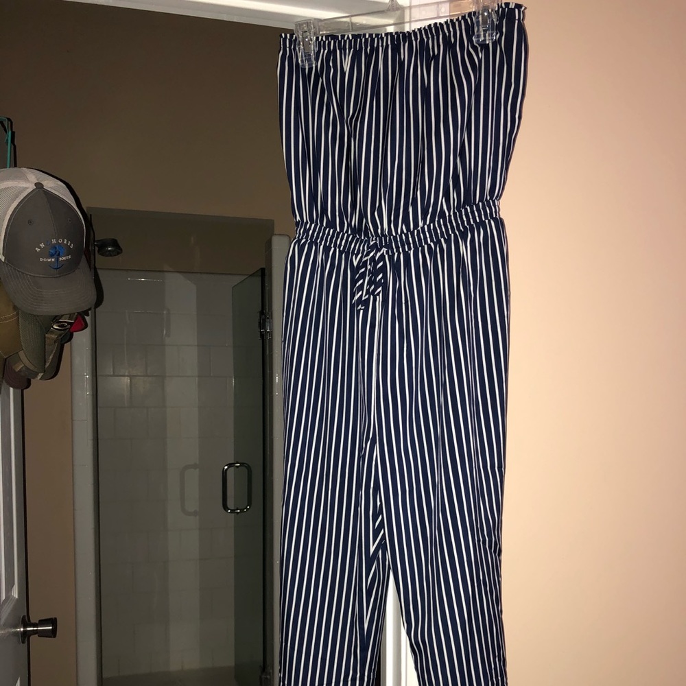 Strapless navy blue striped jumpsuit